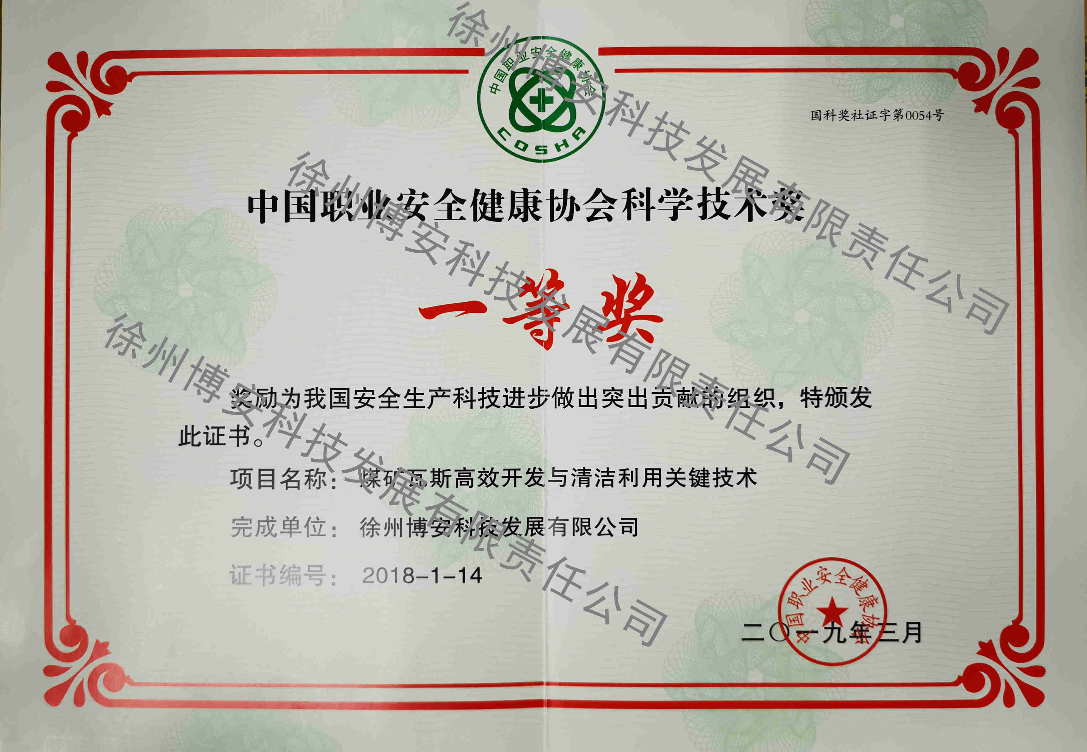 中国职业安全健康协会科学技术奖一等奖